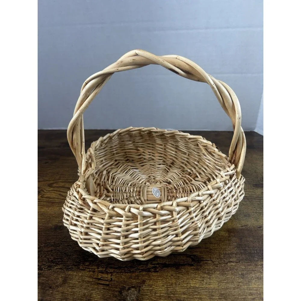 Vintage Wicker Gathering Basket Twisted Handle Rustic Farmhouse Decor Cottage